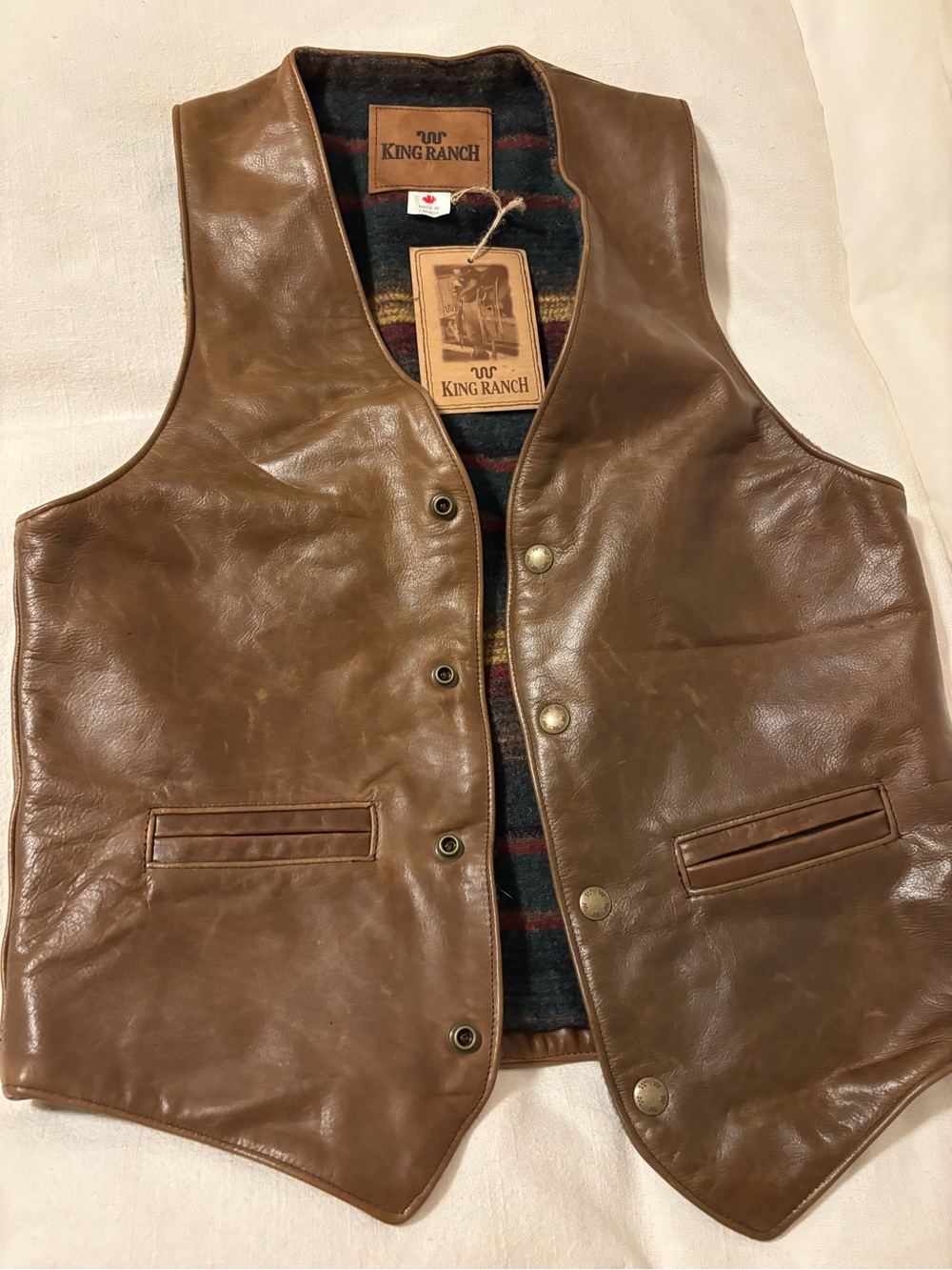 King Ranch Premium Leather Vest with wool -lined blanket inside vest. Brand NEW!